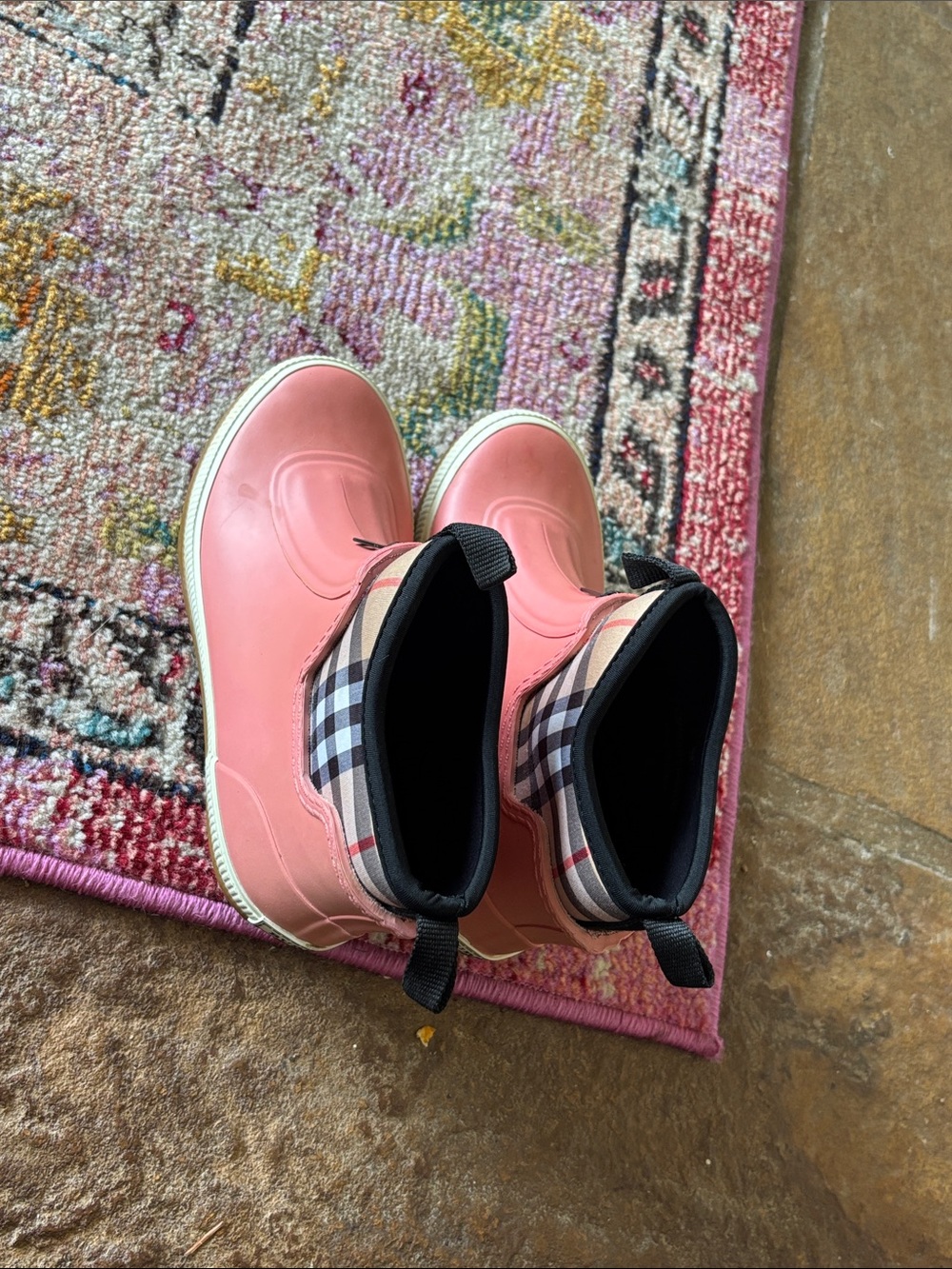 Burberry Children's Pink Plaid-Trim Rain Boots. Size 33